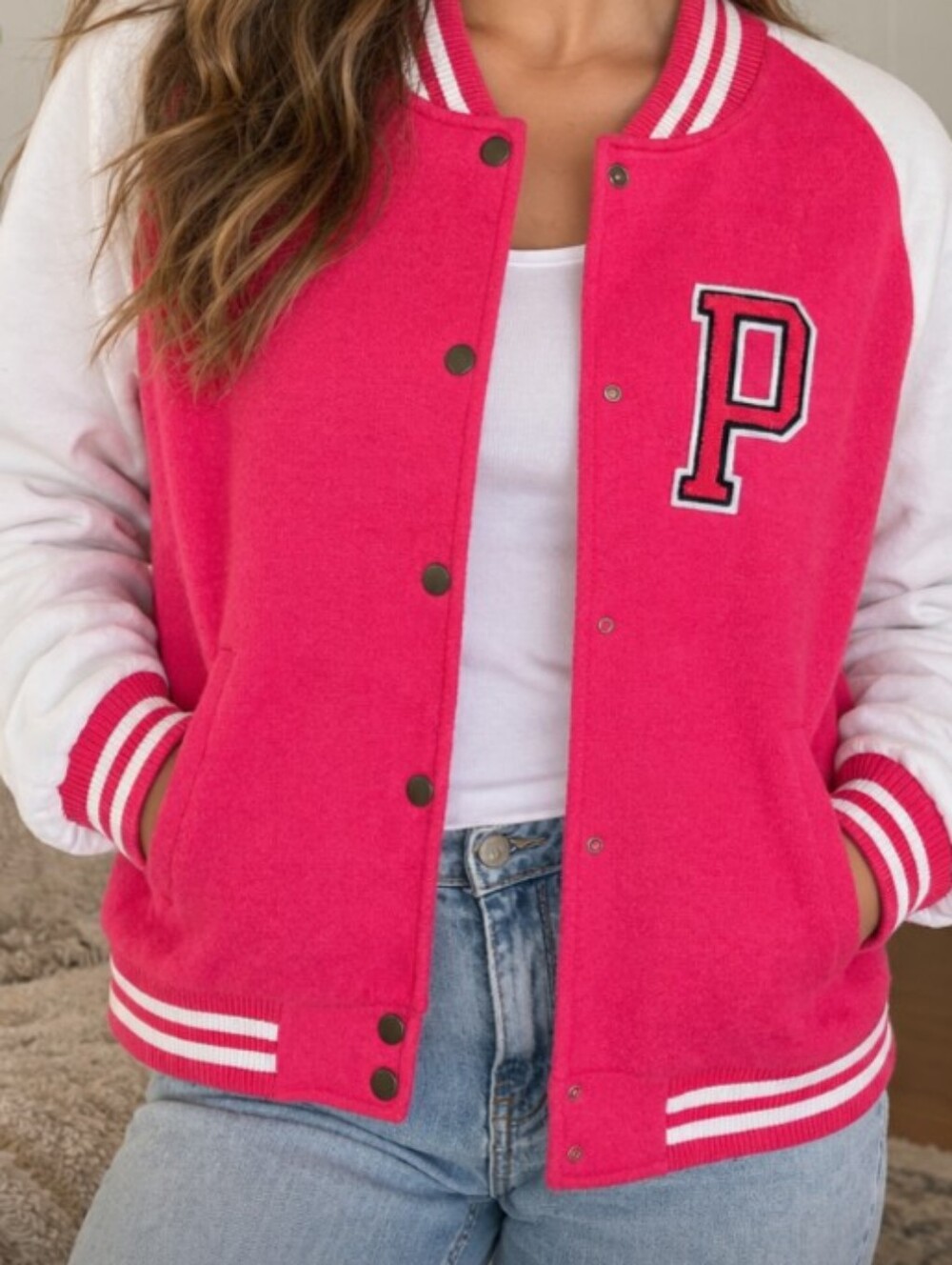 Victoria Secret Bomber Jersy Pink & White Varsity Jacket Coat Size S